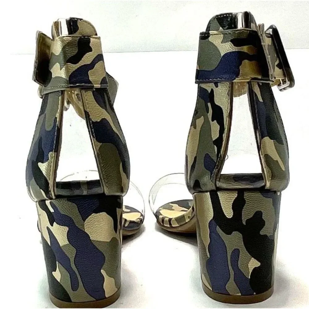 Ashley Stewart Women's Camo Ankle Strap Sandals Clear Toe Band Heels Size 8W